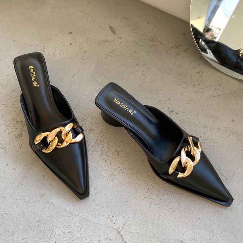 Summer Luxury Women Black High Heels Slippers Close Toe Block Heels Mules Designer Slip On Loafers Slides Party Shoes