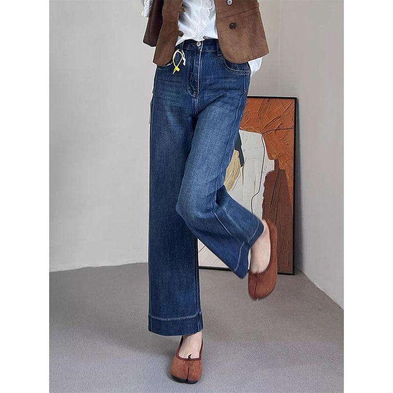 Blue Straight-Leg Jeans for Women, Summer Style, Plus Size, Suitable for Pear-Shaped Body, High-Waisted, Slimming, Stretchy, Cropped Wide-Leg Pants