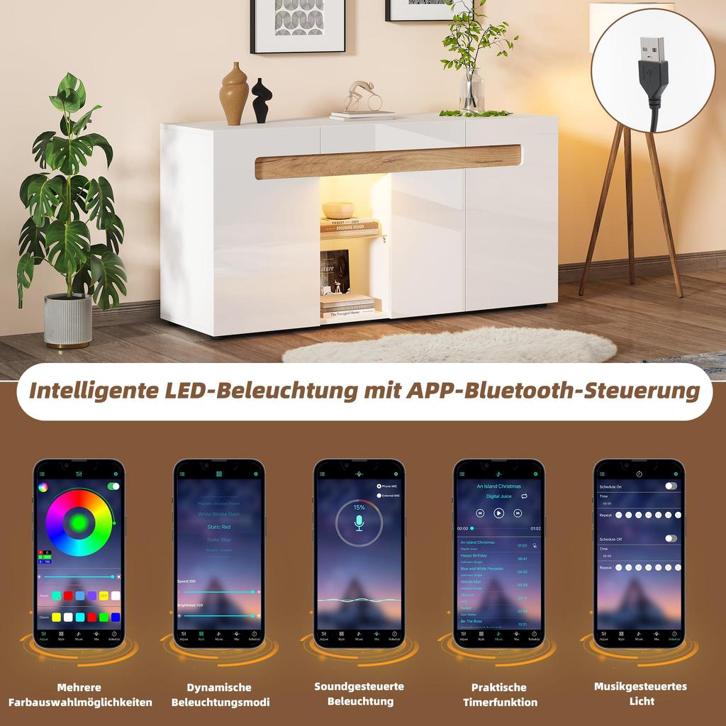 Sideboard Küchenschrank 3 Türen Offene Glasböden, Modern Hochglanz Buffetschrank Anrichte Schrank, Esszimmer, Wohnzimmer, Küche, Wohnmöbel, Weiß