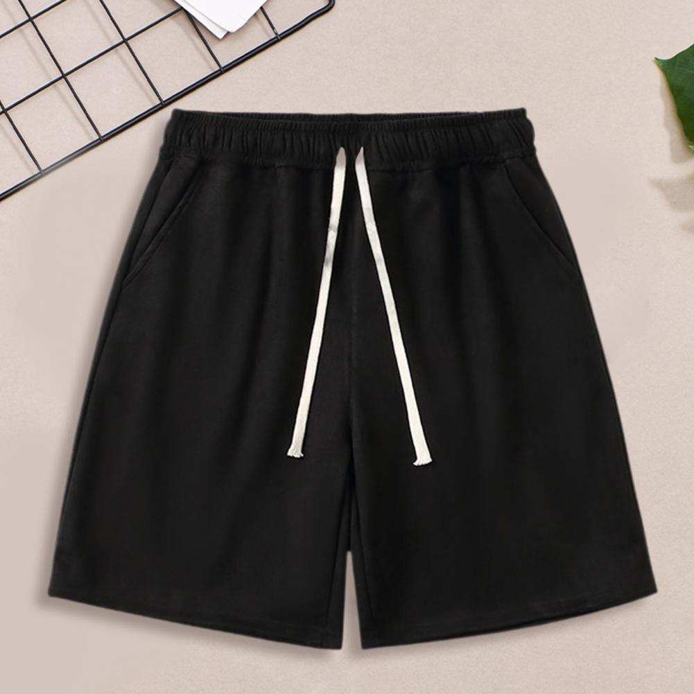 Men Summer Athletic Shorts Mid-rise Elastic Drawstring Waist Shorts Pockets Wide Leg Running Solid Color Suede Shorts