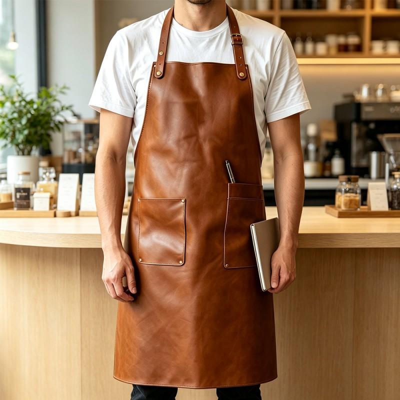 Unisex PU Leather Work Apron Waterproof Oilproof Adjustable Neck Strap Double Pockets Bartender Cafe Kitchen
