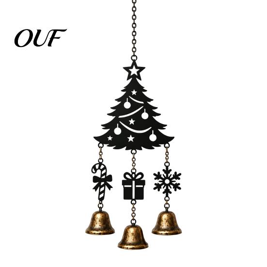 Metal Hanging Bell Decor Christmas Wind Chime with Bells, Vintage Santa/Snowman/Deer/Bell/Wreath Iron Retro Holiday Window Accents Ornament