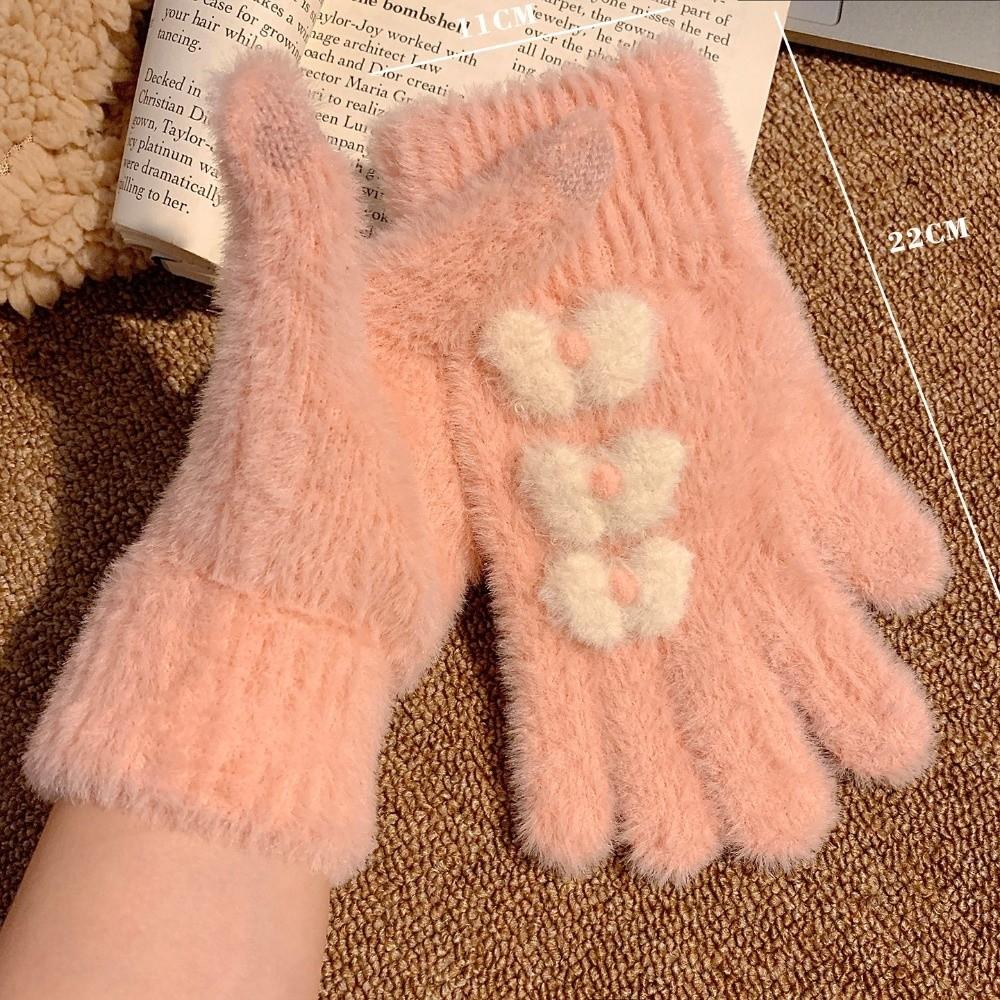 Fuzzy Bow Decorated Knitted Full Finger Gloves Polyester Warm Plush Gloves Cycling Use