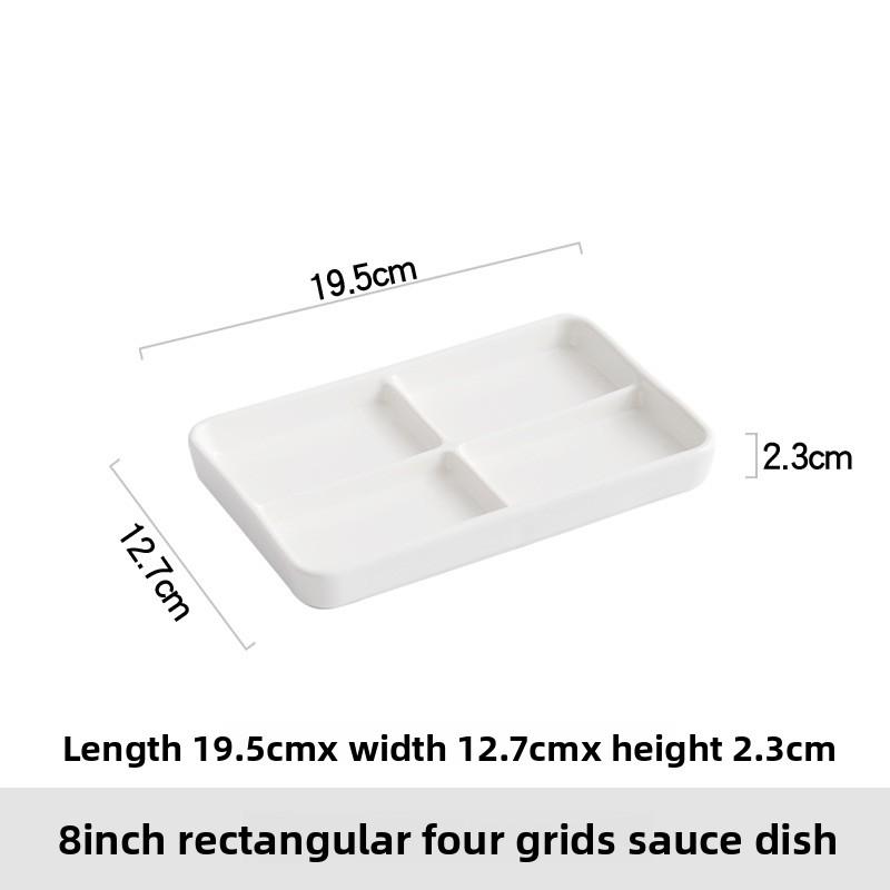 White rectangular multi-compartment ceramic seasoning compartments plate, dipping sauce, side dishes, barbecue sauce dish