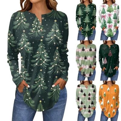 Женская модная блузка свободного кроя с пуговицами и воротником на пуговицах, с рождественским принтом и длинными рукавами