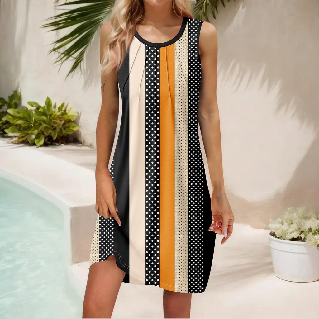 Женские летние повседневные платья без рукавов с принтом и U-образным вырезом