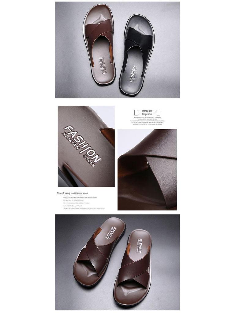 Men's Genuine Leather Korean Style Sandals - Trendy, Non-Slip Beach Flip-Flops