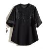 European Goods Large Area Embroidered Sequins! Cool Women Flash Round Neck Raglan Sleeve Pansy Black T-shirt Slimming 2025
