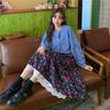 Новая японская женская юбка-миди Mori Girl с высокой талией, темно-синяя, коричневая юбка с цветочным принтом и кружевными оборками, винтажная элегантная вельветовая юбка