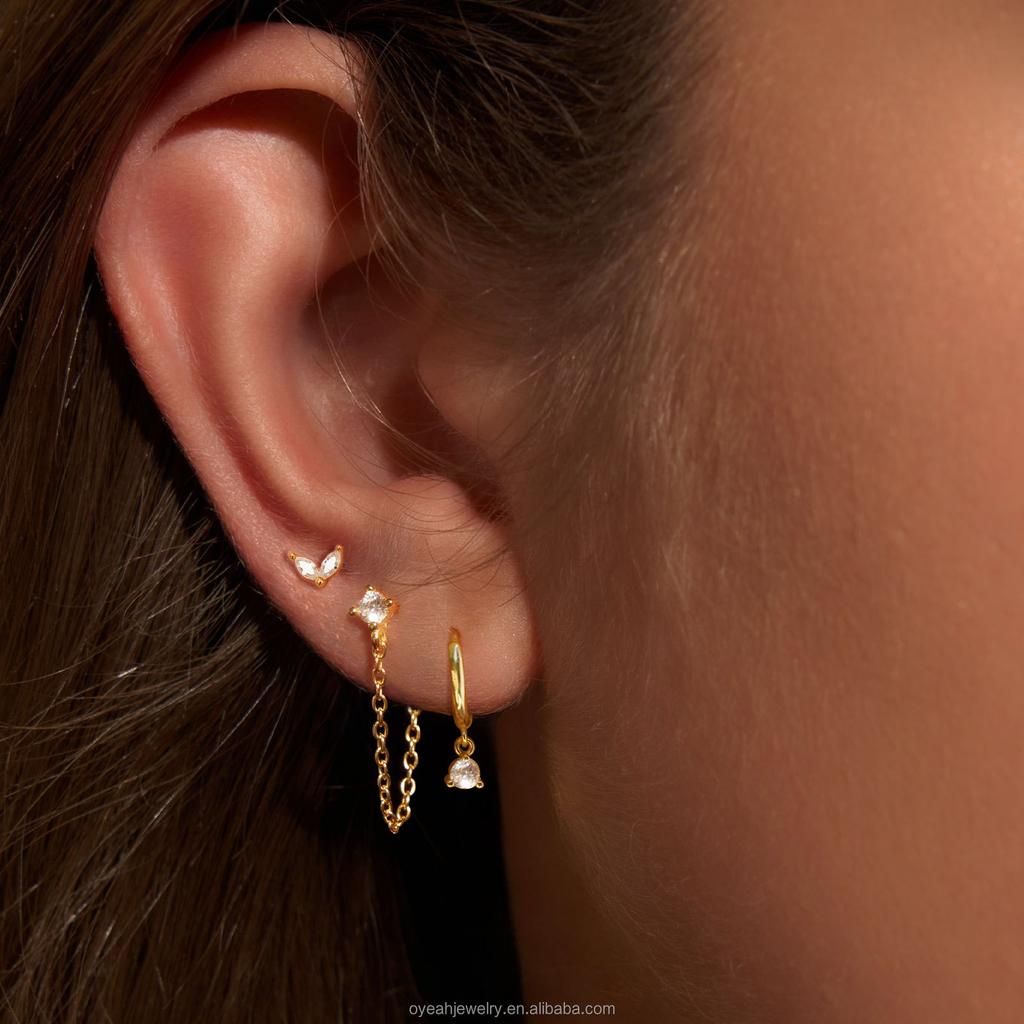 3 Pairs Zircon Pendant Stud Chain Hoop Earrings Set for Women Gold Plated Brass Dangle Jewelry