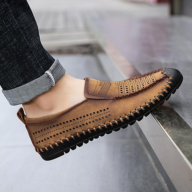 Men's Genuine Leather Casual Shoes Slip On Hollow Shoes Summer Large Size 39-48