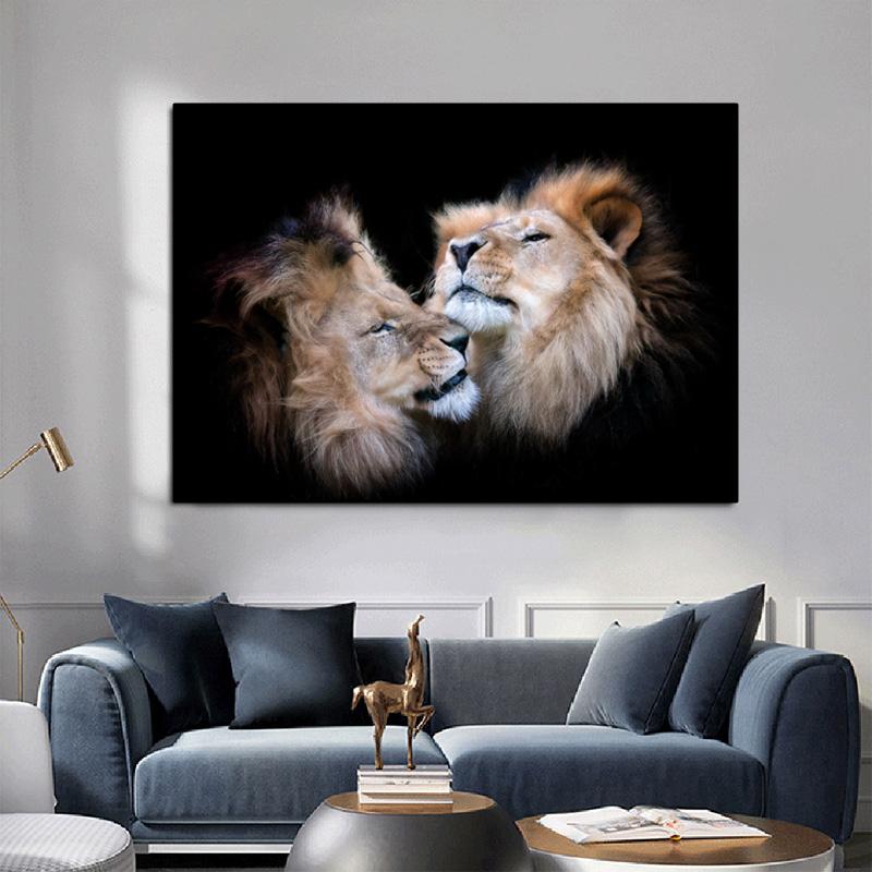 Canvas Painting Modern Wild Animal Black and White Kissing Lions Head Wall Art Pictures for Living Room Cuadros Home Decoration No Frame