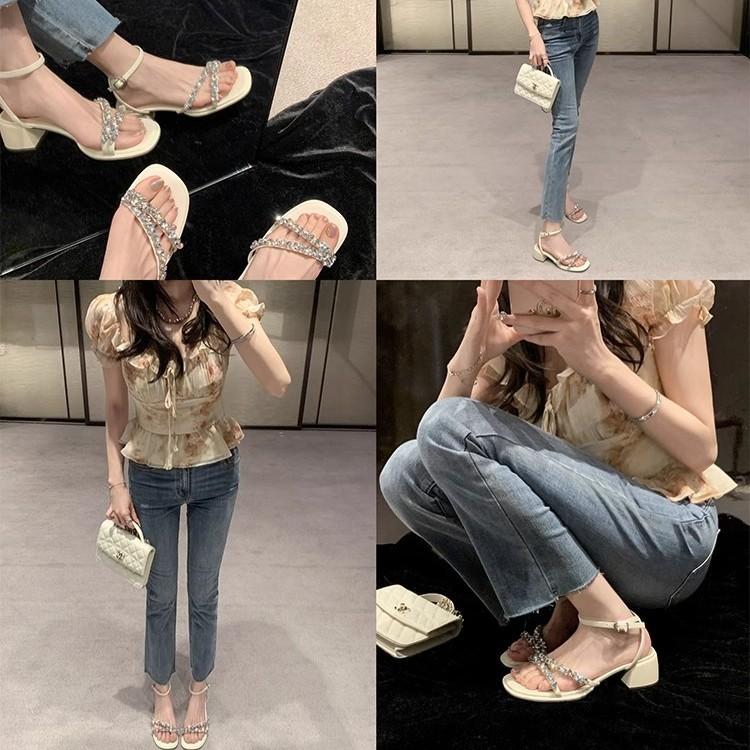 Су Иньинь Леденцовая Фея~ Летние Новые Однословные Сандалии Французские Стразы Открытый Носок Толстый Высокий Каблук Сандалии Женские