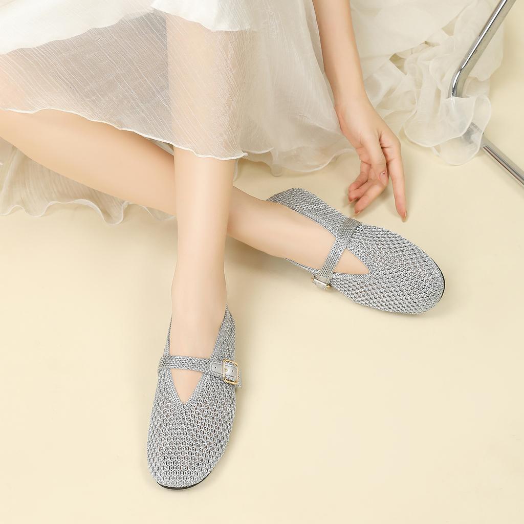 Women's Woven Mary Jane Flats Comfortable Dressy Shoes Closed Toe Ballet Flats with Buckle Strap Summer Lightweight Non-Slip Walking Shoes for Women