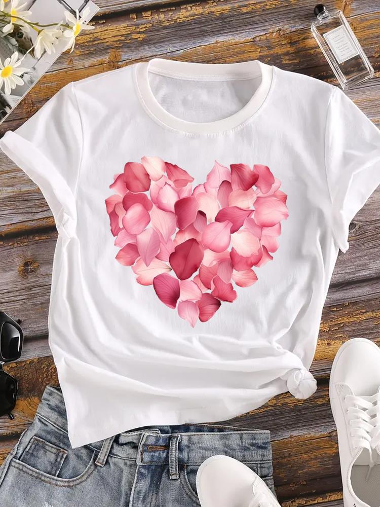 (Азиатский размер) модный love heart цветок футболки Печатная одежда Женская с круглым вырезом С коротким рукавом Женский топ Повседневная футболка Модная женская графическая футболка