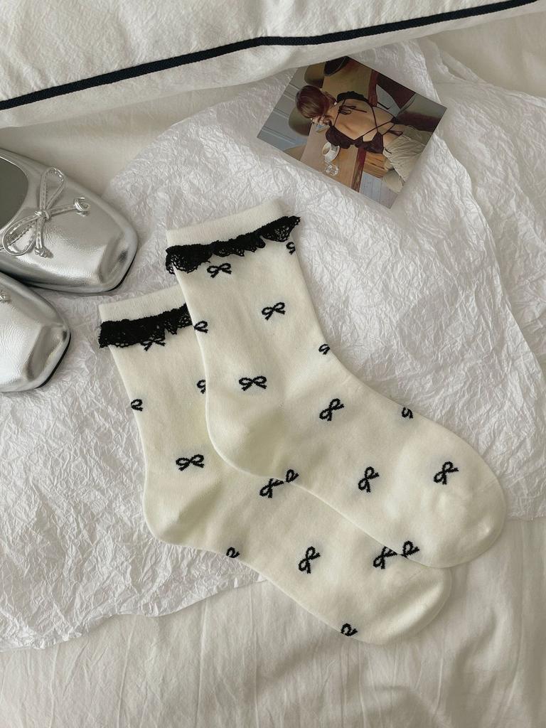 Socks Casual Lazy And Versatile Lace Mid-Tube Socks Tie Bows Polka Dot Layered With Piles Of Cotton Socks