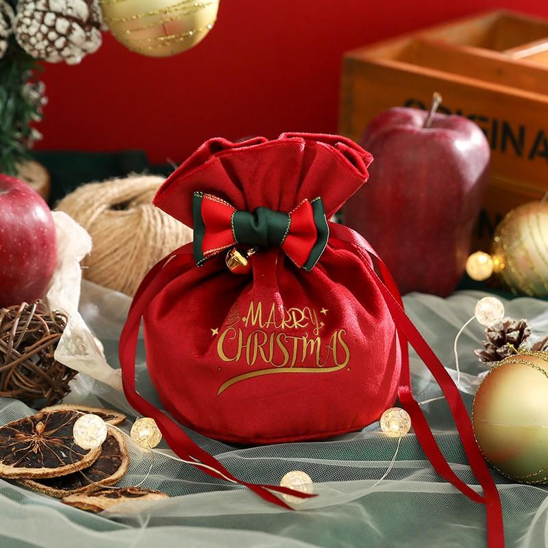Christmas Velvet Drawstring Gift Bag Apples Small Large Sizes Festive Holiday Pouch