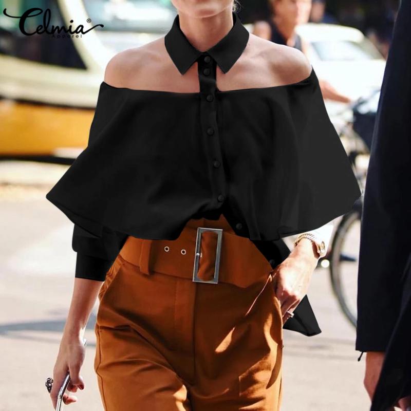 Celmia Женская модная тонкая блузка с открытыми плечами, сексуальные рубашки, женская блузка с длинным рукавом, топы без бретелек, большие размеры