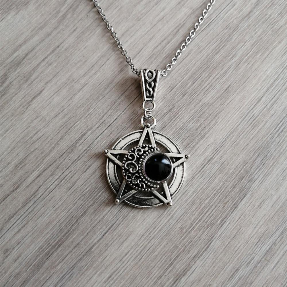 Charm Gothic Silver Color Five-pointed Star Hollowed-out Crescent Purple Crystal Pendant Necklace for Women Halloween Jewelry