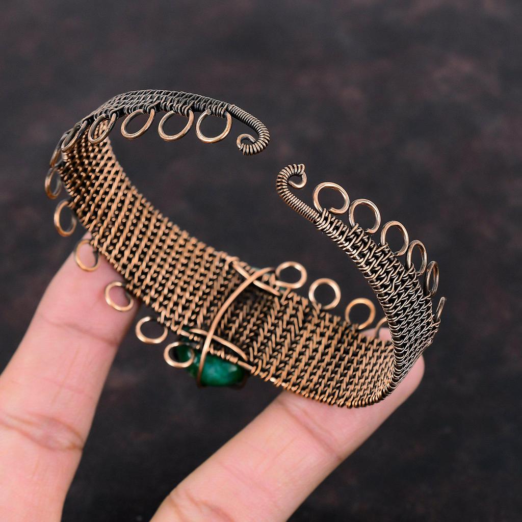 Faceted Zambian Emerald Gemstone Bangle Copper Wire Wrapped Cuff Bracelet Adjustable Bangle Copper Jewelry For Gift Handmade Elegant Bangle