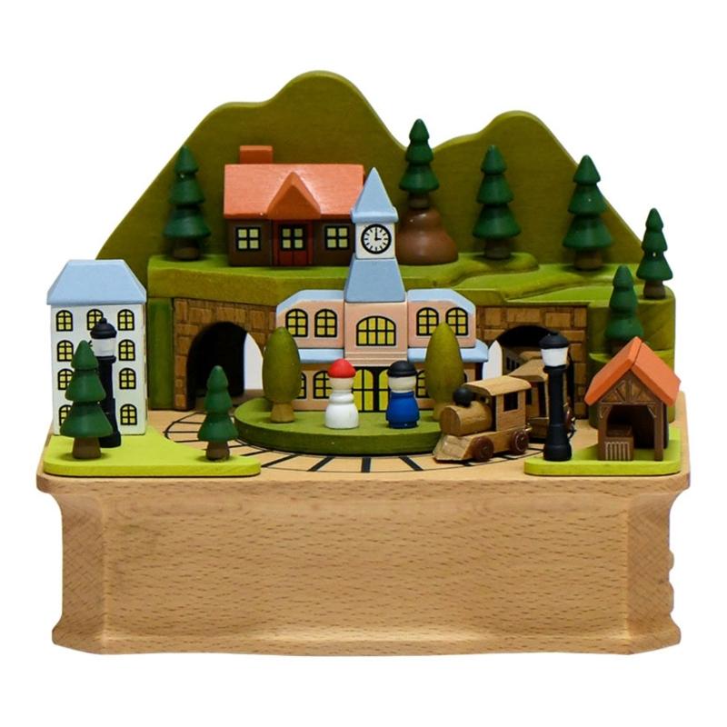Music Box with Rotating Train Castles Nativity Scene Designs with Melodies Mechanism Musical Box Desktop Ornament