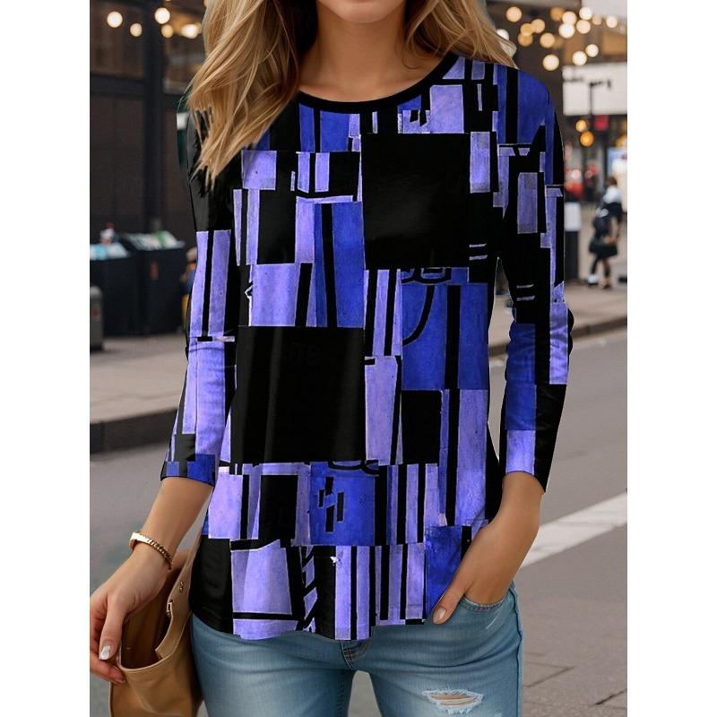 Women's Casual T-shirt 3D Printed Checkered Prints Round Neck Retro Elegant Long Sleeves Women's Fashion Pullover Long Sleeve Tops