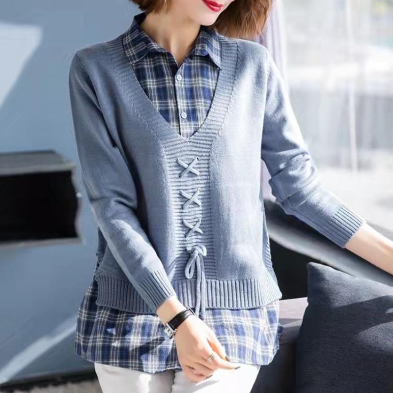 Classic Pullover Knitted Sweater for Women with V-neck Tie Two Pieces of Autumn Winter Loose Long Sleeved Sweater Women's Base Shirt