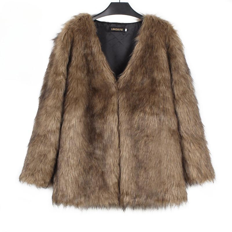 Осенне-зимняя женская куртка из искусственного меха с V-образным вырезом, теплая модная повседневная короткая верхняя часть, пальто большого размера из искусственного меха