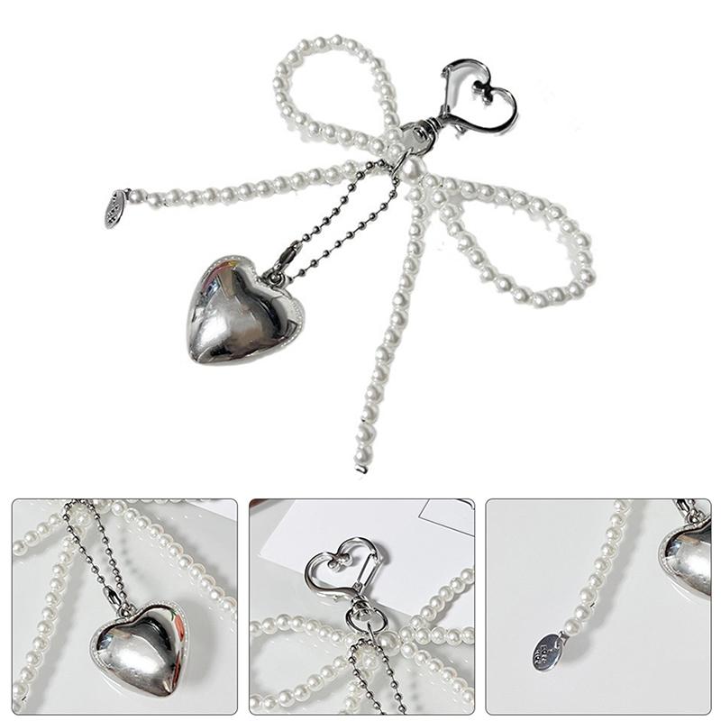 Sweet Bowknot Heart Keychain Pendant Lovely Beaded Hanging Decorations Keyring Charm Phone Lanyard Phone Charm Bag Pendant