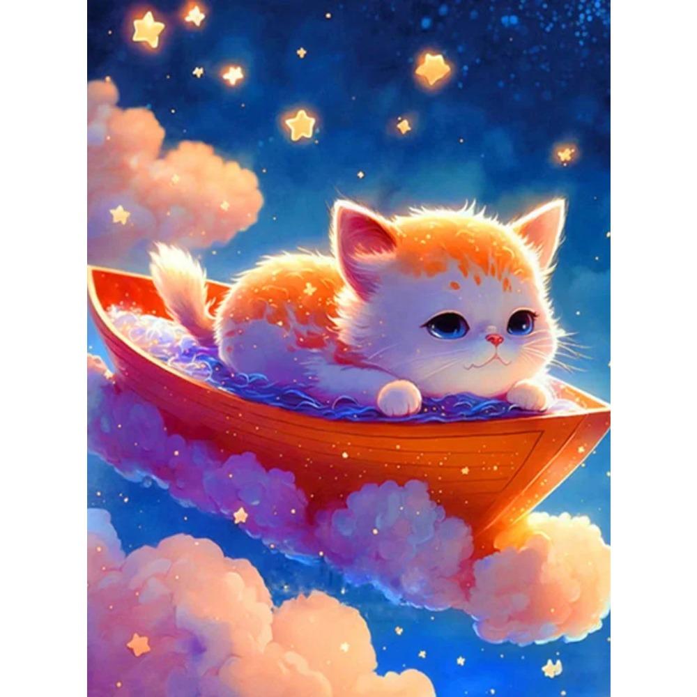 Алмазная картина Full Drill Art Розовый дом Животное Круглая алмазная живопись Ручная работа Звезда Кот Diy Алмазная мозаика Картина Украшение дома