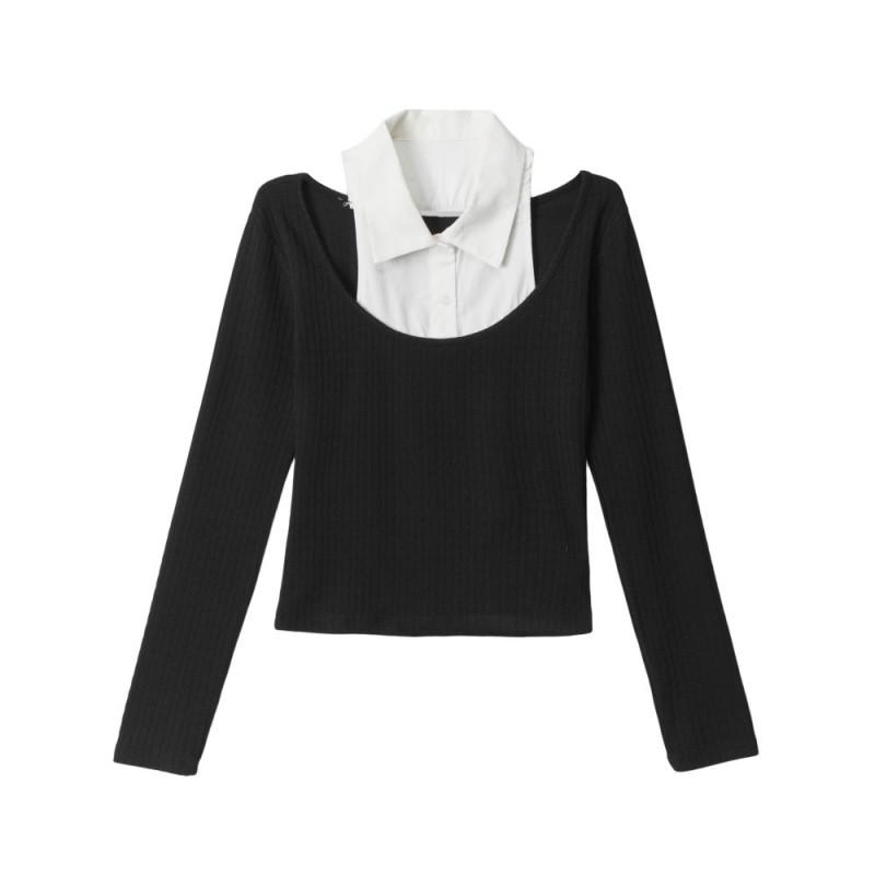 HeyHenry Womens Slim Fit Short Long Sleeve T-Shirt Korean Style Color Block Patchwork Top