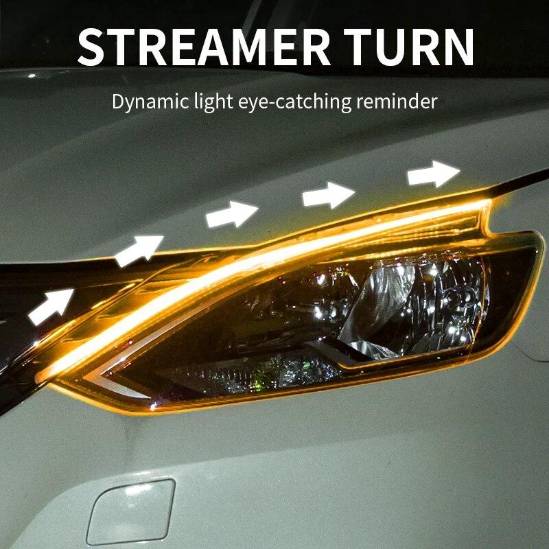 2pcs LED DRL Car Daytime Running Light Flexible Waterproof 45cm Auto Headlights Ice Blue Turn Signal Yellow Brake Flow Light 12V