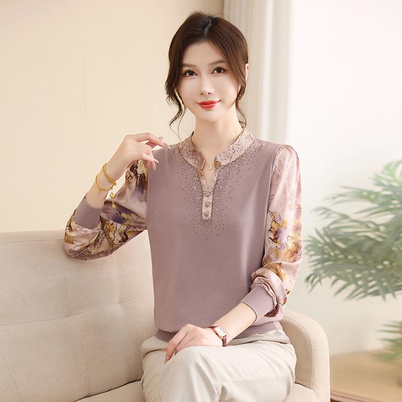 Elegant Gauze Sleeve Knit Top for Mature Women - Lightweight Spring/Autumn Layer