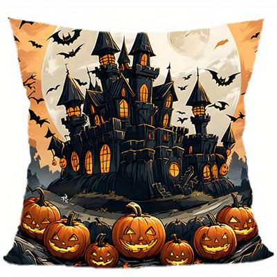 Short Plush Material Pillowcasehome Decor Halloween Castle & Pumpkins Throw Pillow Cover Pattern Cushion Cover Suitable For Sofa