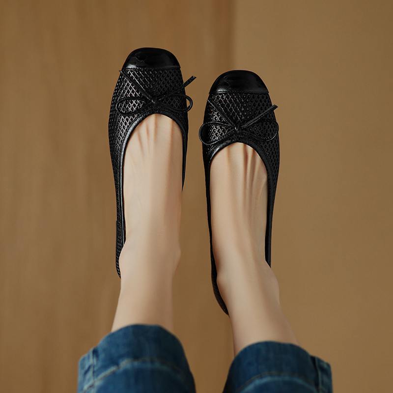 Krazing Pot Natural Leather Spring Summer Size 41 Thick Low Heels Women Square Toe Hollow Decoration Breathable Slip On Pumps