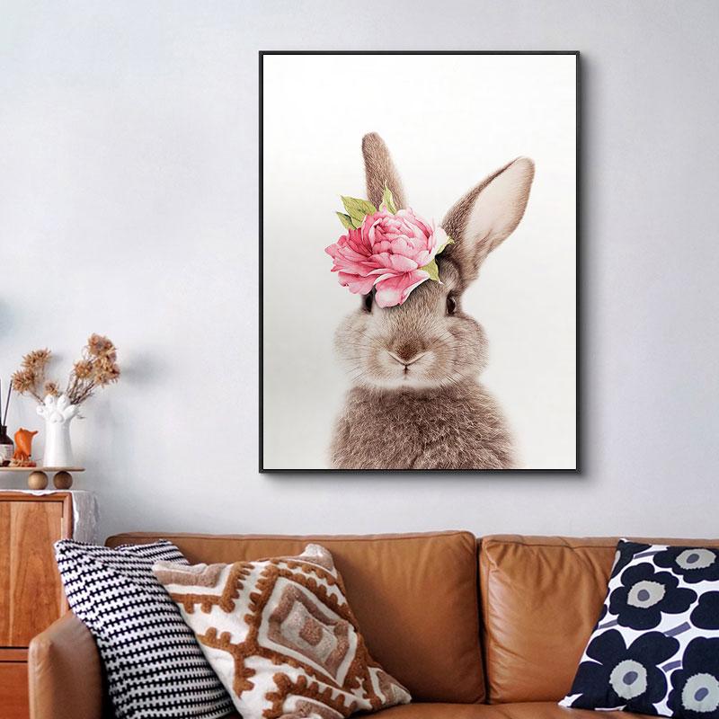 Плакат с цветочным кроликом, кролик, детская настенная живопись, холст, живопись, постеры с принтом животных, скандинавские настенные панно для декора детской комнаты