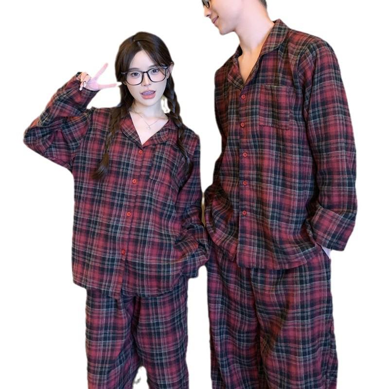 Пижамный комплект в красную клетку в корейском стиле: Удобная, Повседневная Домашняя Одежда для Пар