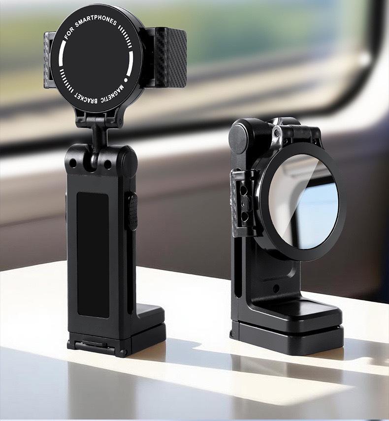 Portable Foldable Adjustable Phone Holder with Rotatable Clip and Beauty Mirror for Travel