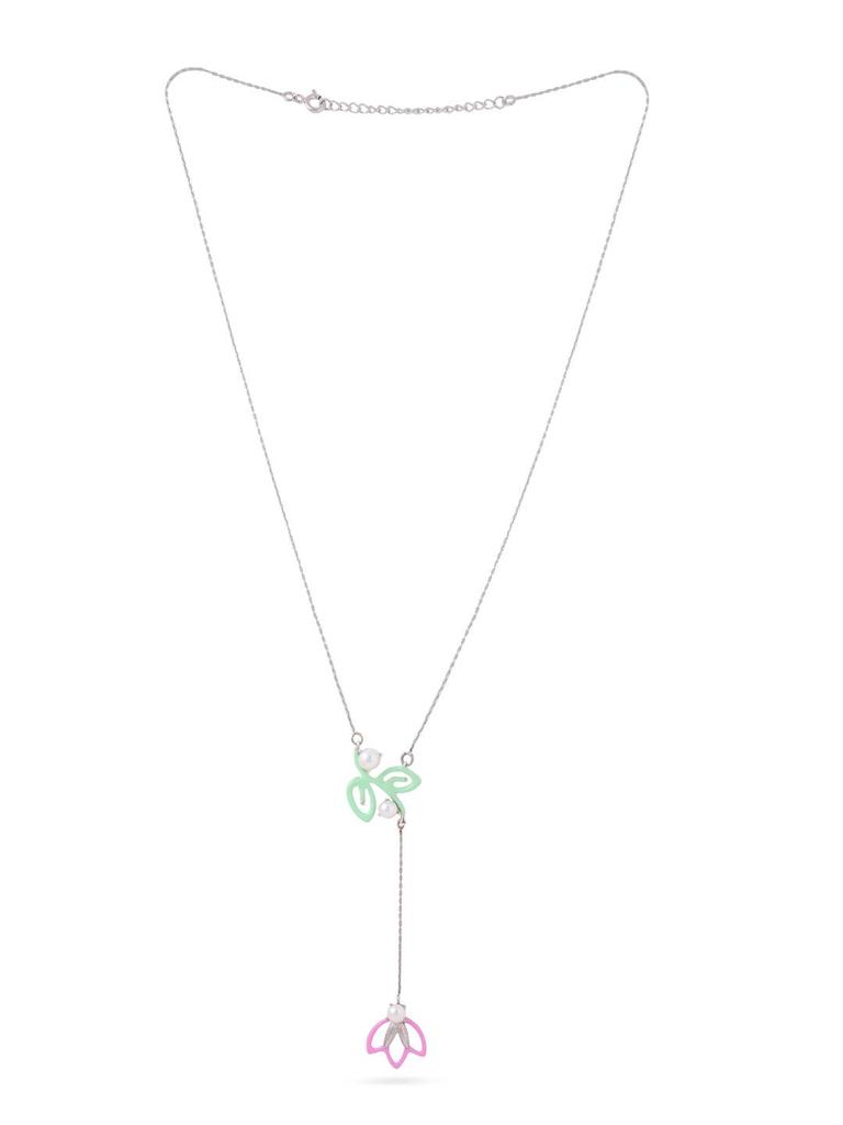 Kicky and Perky 925 Sterling Silver Green and Pink Enamel Studded with Pearl Floral Dangling Pendant with Chain for Women
