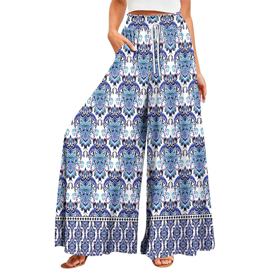 Женские летние широкие брюки с высокой талией и струящимися карманами, модные повседневные повседневные пляжные брюки в богемном стиле с принтом