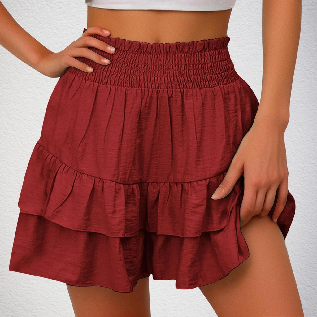 Womens Summer High Waist Ruffle Skirt Cute Flowy Skirt Casual Comfy Elastic Shorts Wrap Beach Shorts