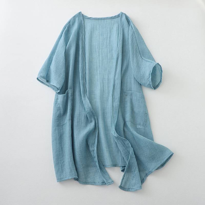 Ultra Thin Cotton Linen Loose Cardigan Women's Mid To Long Blouse Shawl Jacket Paired with Plus Size Sun Protection Shirt