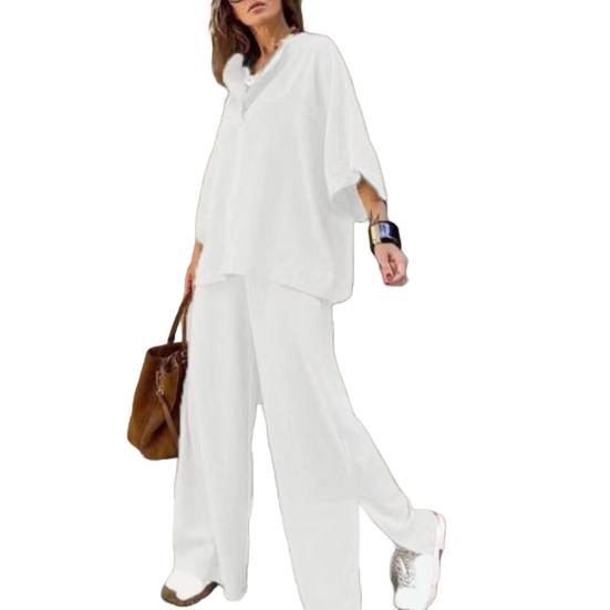 Женский костюм-двойка оверсайз 45720: пуловер с рукавом и брюки широкого кроя