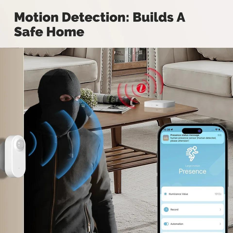 Tuya Zigbee Датчик присутствия человека + PIR Датчик обнаружения движения Детектор освещенности Умный радар 24 ГГц mmWave Поддержка Домашний помощник Google