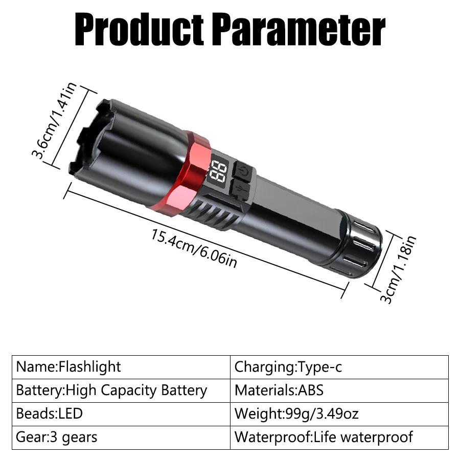 High Power LED Flashlight Powerful USB C Rechargeable Tactical Zoom Flashlight with 3 Gear Outdoor Camping Hiking Fishing Torch