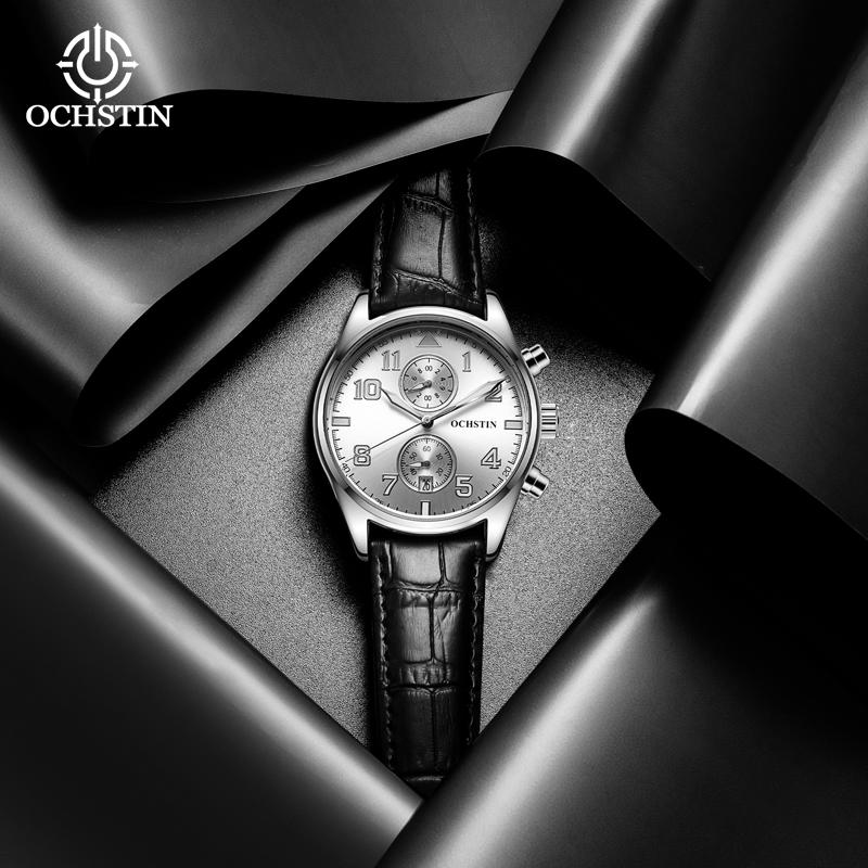 Multifunctional Chronograph Men Watch Luminous Hands Calendar Display Leather Strap Analog Quartz Wrist Watches
