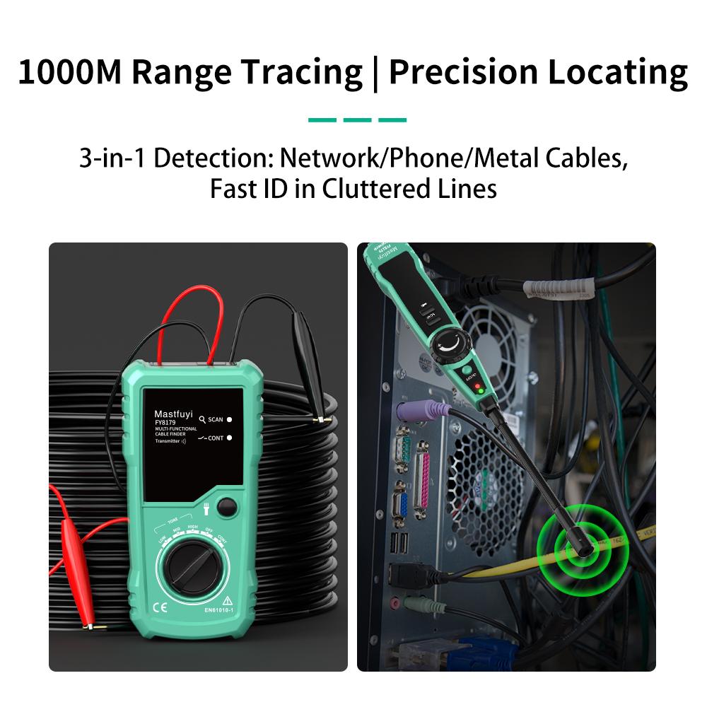 MASTFUYI Профессиональный детектор подземных кабелей Сетевой кабель Телефонный кабель Локатор скрытой проводки Глубина 2 м Дальность 3000 м
