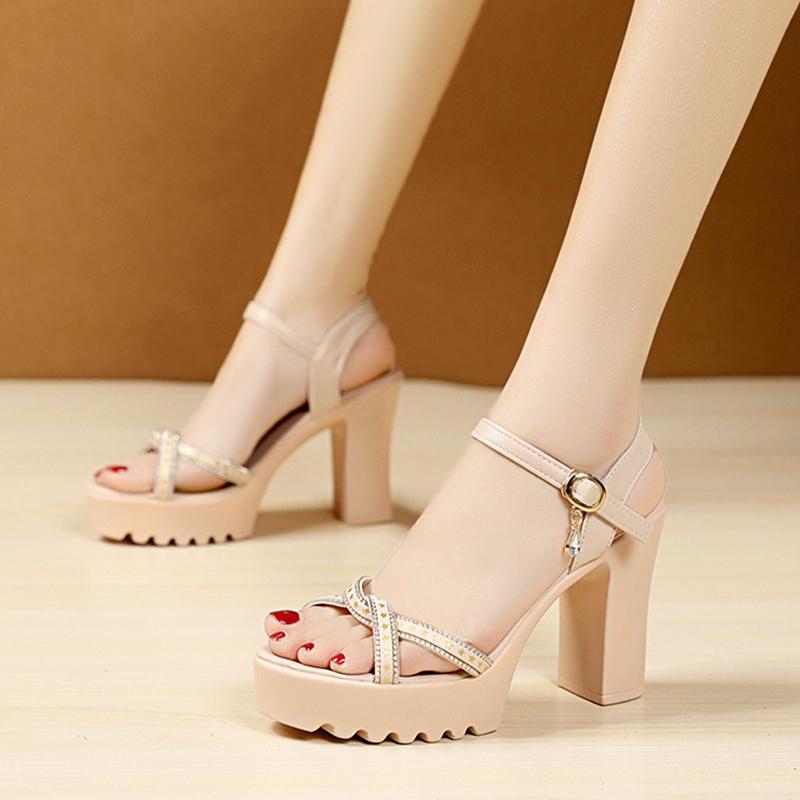 Сандалии на высоком каблуке, толстый каблук, водонепроницаемая платформа, универсальная, тонкий ремешок, летняя мягкая кожа, удобная и увеличивающая рост обувь