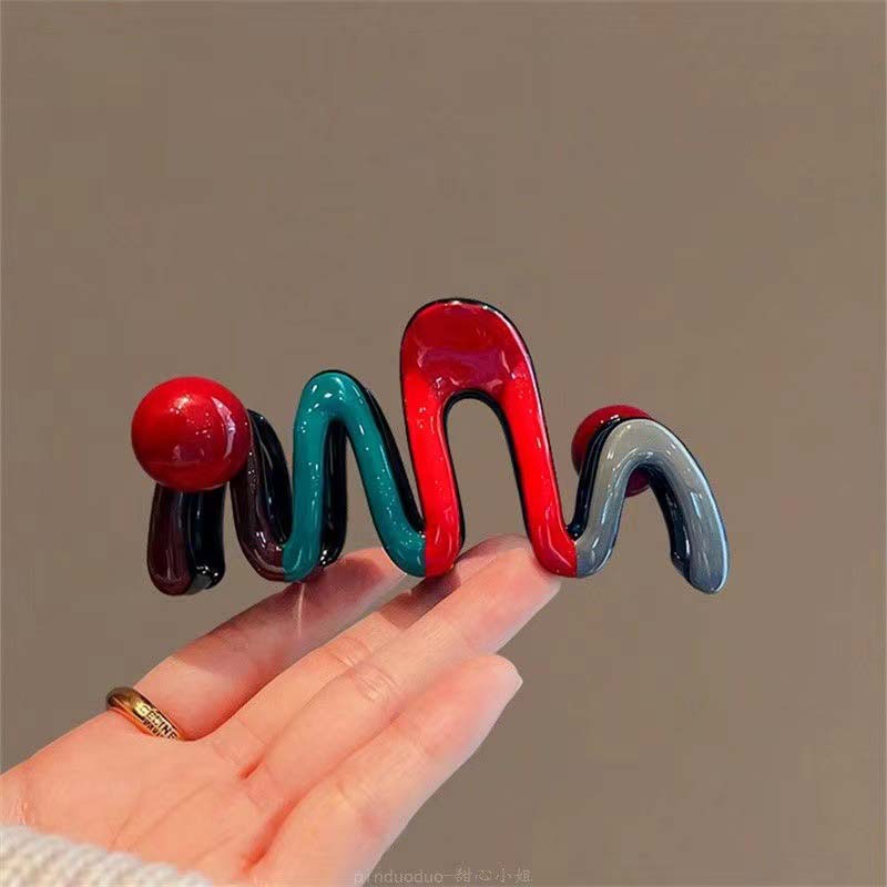 Red Wave Hair Claw Clip for Women Korean Sweet Acrylic Bead Large Shark Clip Ponytail Headwear Hair Accessories