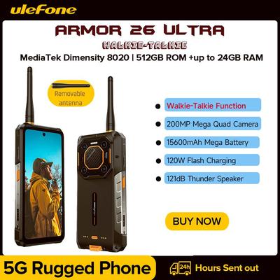 Ulefone Прочный водонепроницаемый смартфон Armor 26 Ultra Walkie Talkie 5G, 120 Вт, 15600 мАч, 200 МП + 64 МП + 50 МП, NFC RAM, до 24 ГБ + ROM 512 ГБ
